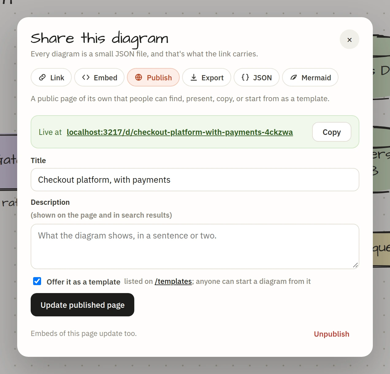 The Share sheet after publishing, showing the live link and an Update button