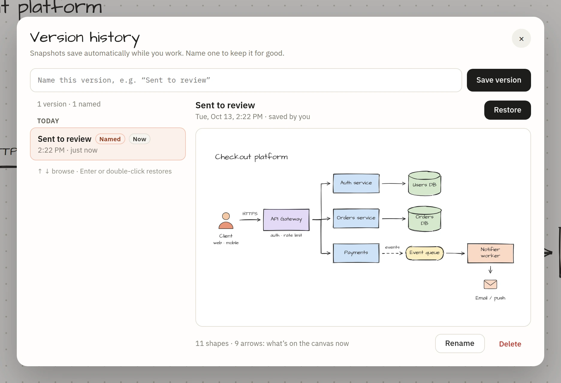 The Version history sheet with a named version and an autosave, and a preview of the selected one